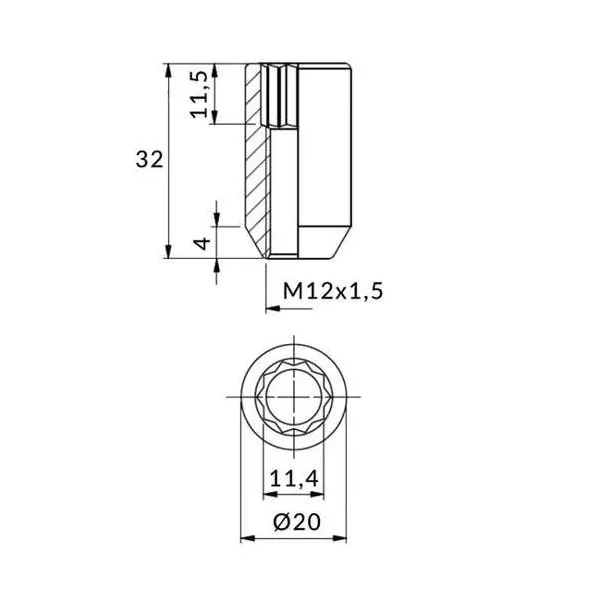 Nakrętki torx do felg z wąskimi otworami - m12x1,5 / ocynk - (wąska)